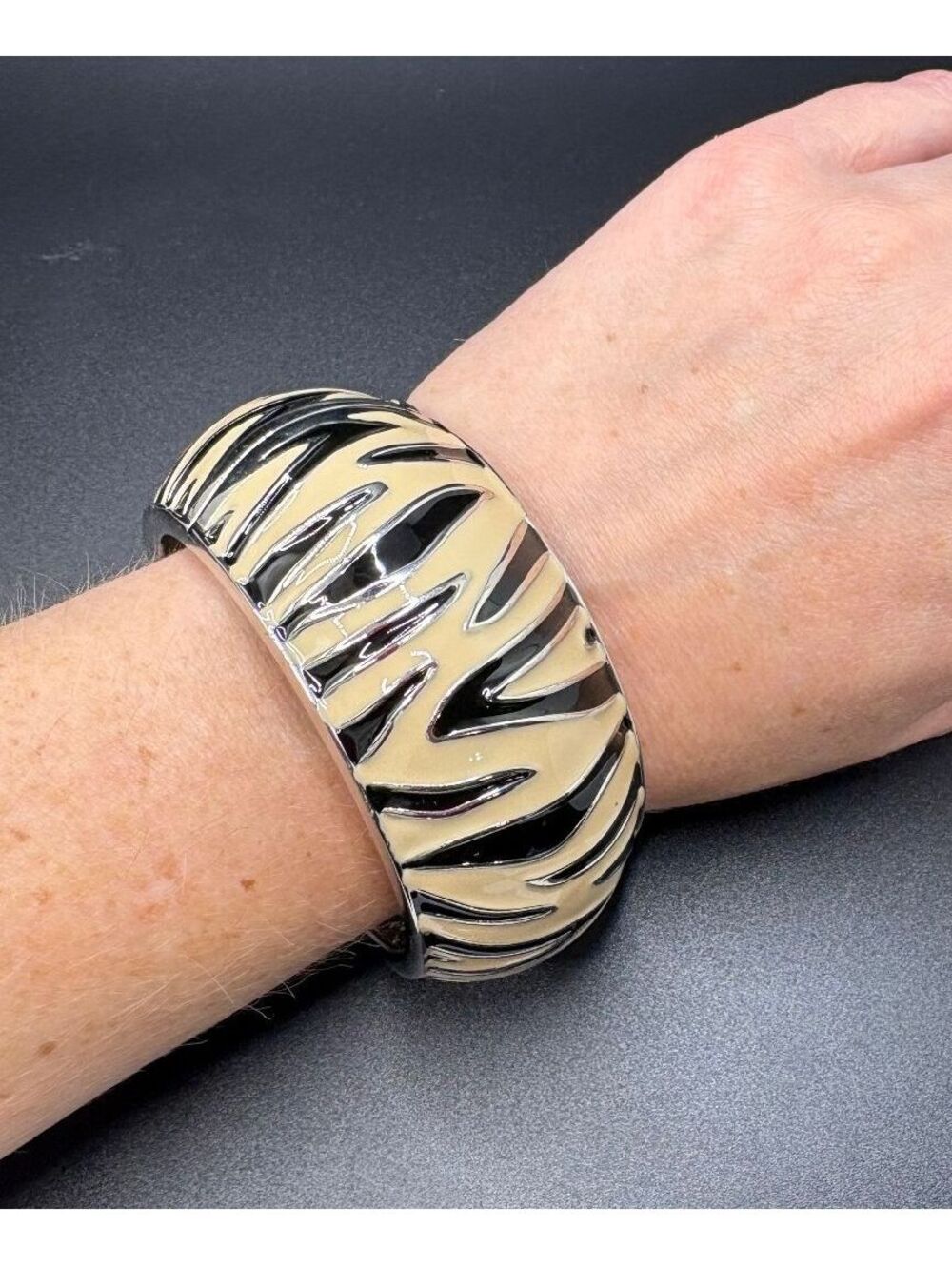 Zebra Enameled Clamper Bangle Bracelet